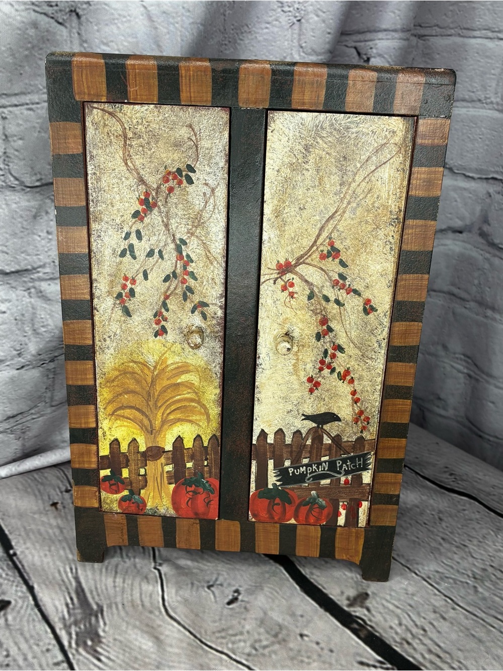 Vtg Country Cottagecore Fall Themed Folk Art Handpainted 11โ Mini Wood Cabinet